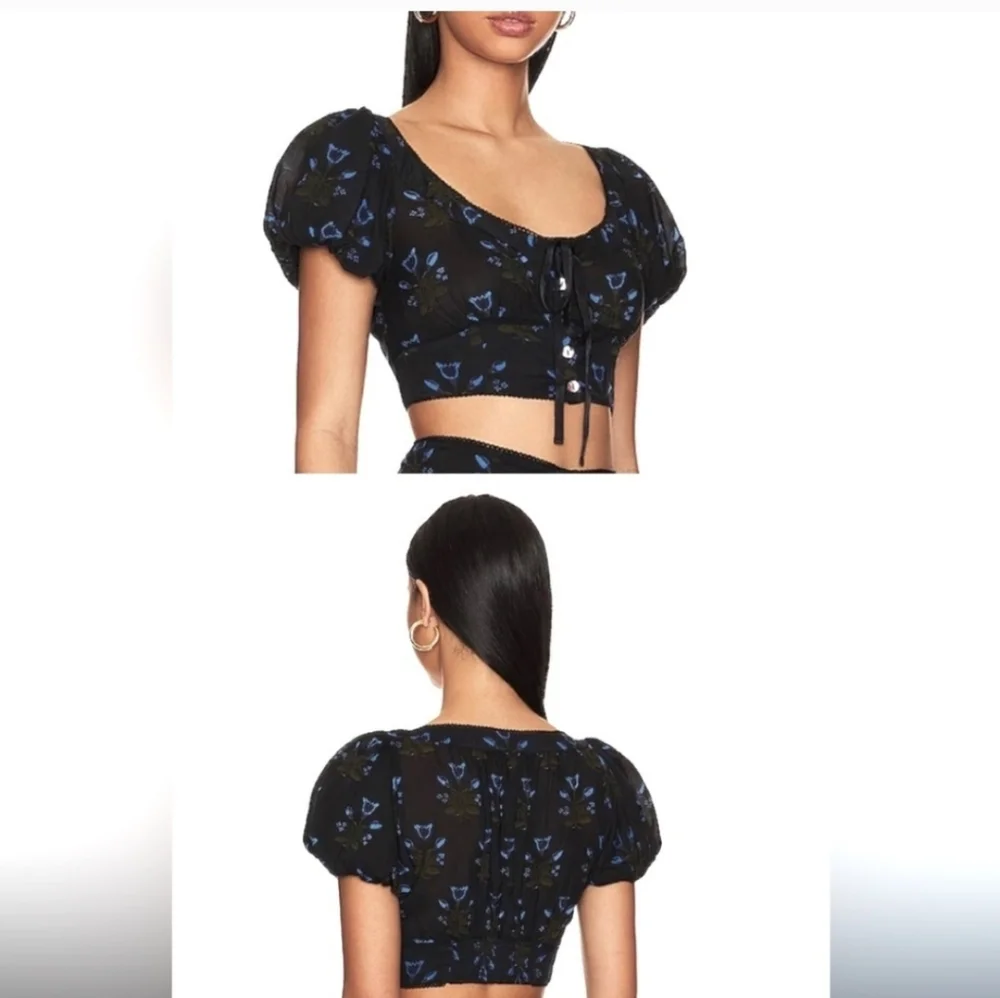 Free People Black and Blue Floral Women's Puff Sleeve Crop Top Size XL